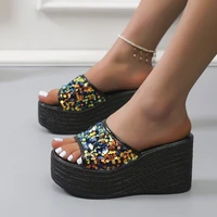 2022  Large Size  Sandals One Word Thick Bottom Wedge Heel Slippers Women's Sponge Cake Bottom Beach Sandals and Slippers