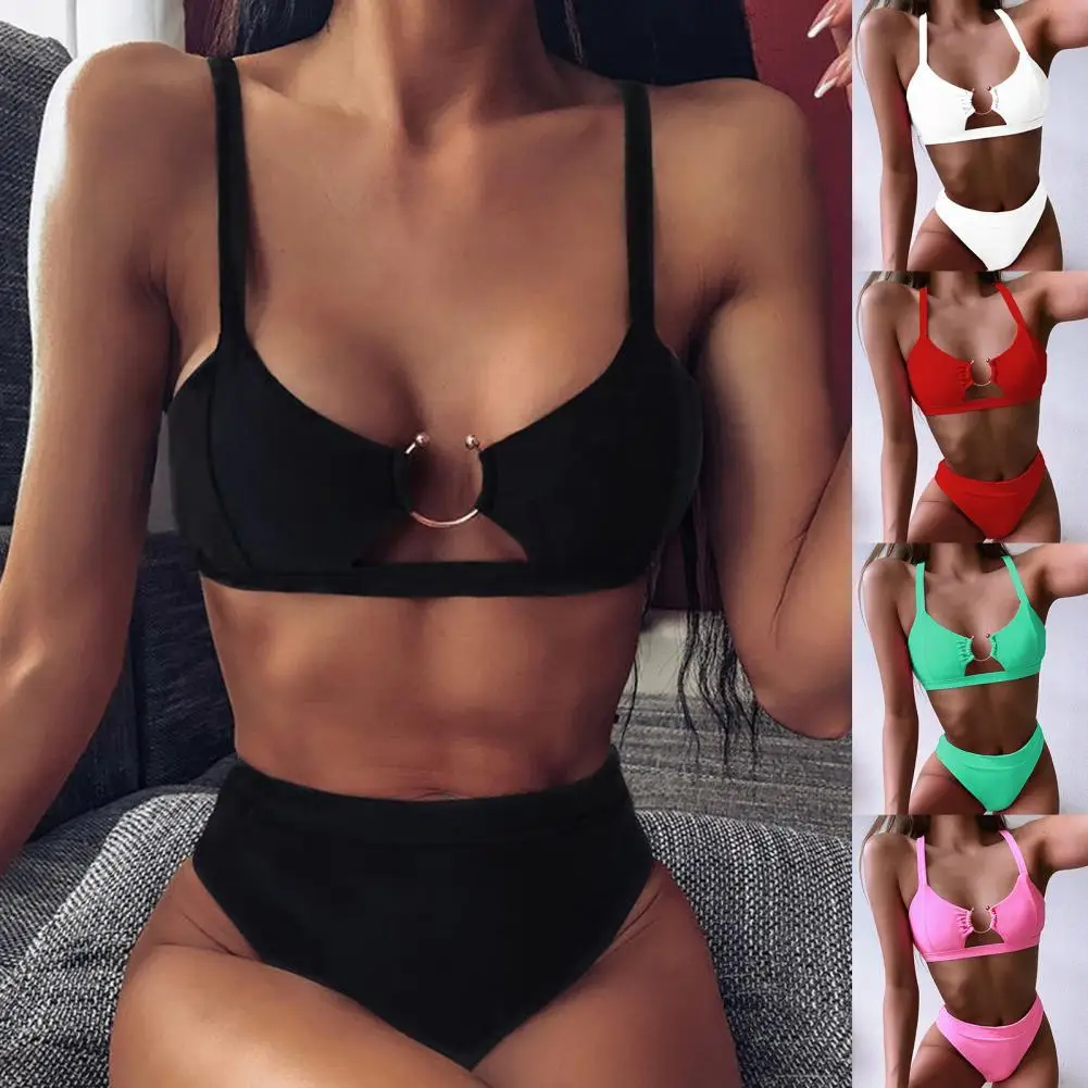 

2Pcs/Set Sexy Women High Waist Swimsuit Swimwear Solid Color U Shape Buckle Sexy Pure Color Off Shoulder Bikini for Swimming