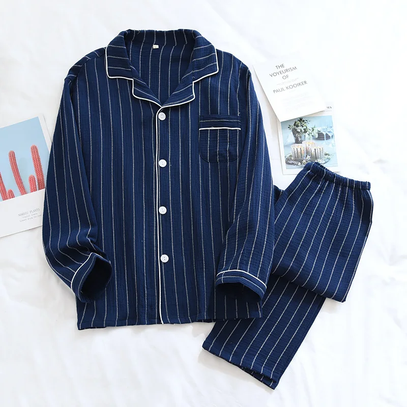 Couple Men's Pajamas Set 100% Cotton Pyjamas Set For Lady Spring Autumn Thin Crepe Cotton Sleepwear Set Nnightwear Loungewear