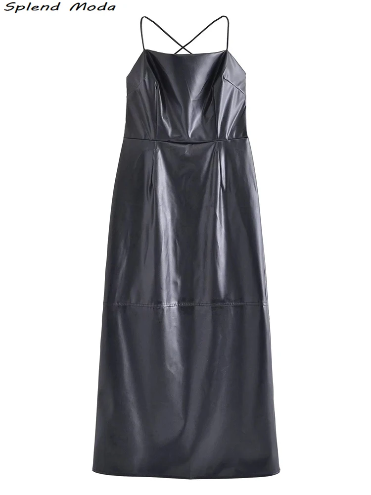 

2022 Za Women Summer Fashion Sexy Style Black Pu Split Midi Dress Young Chic Backless Party Strap Dresses Vestido De Moda