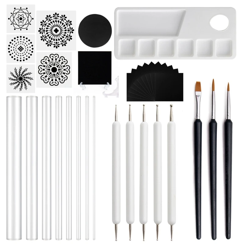 

35pcs Mandala Dotting Tools Set for Painting Rock Acrylic Stick Template Stencil Brush Tray Cardboard Kit