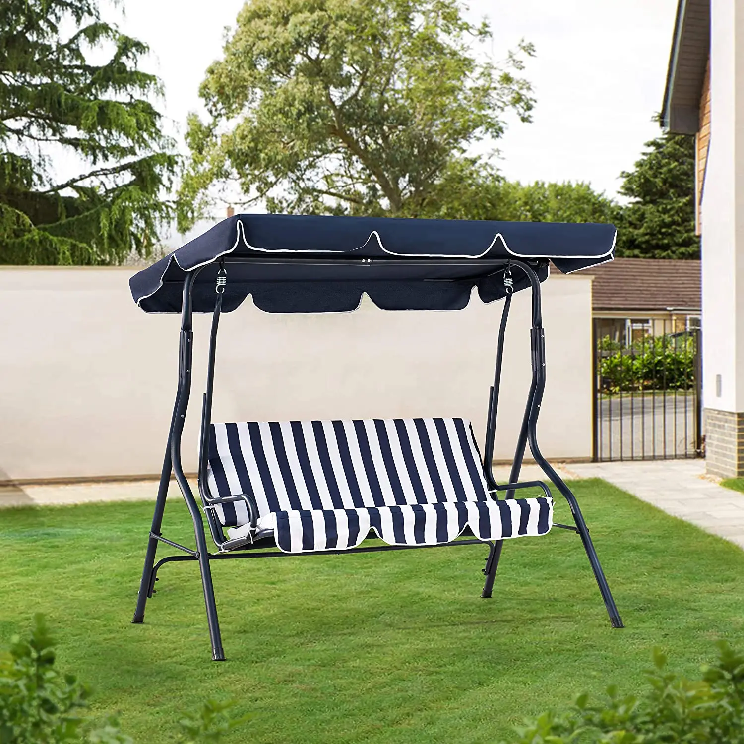 

Rocking Chair 2-Seat Striped Patio Swing with Canopy, Dark Blue and White patio furniture outdoor swings for adults (US spot)