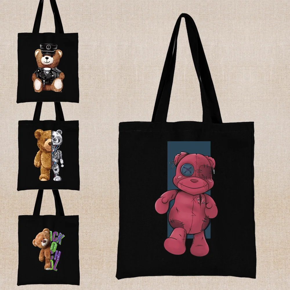 

Kawaii Y2k Shopping Bag Bear Print Tote Bag Foldable Shopper Bag Women Canvas Shoulder Bag Fashion Handbag Cute Sundries Bag Men