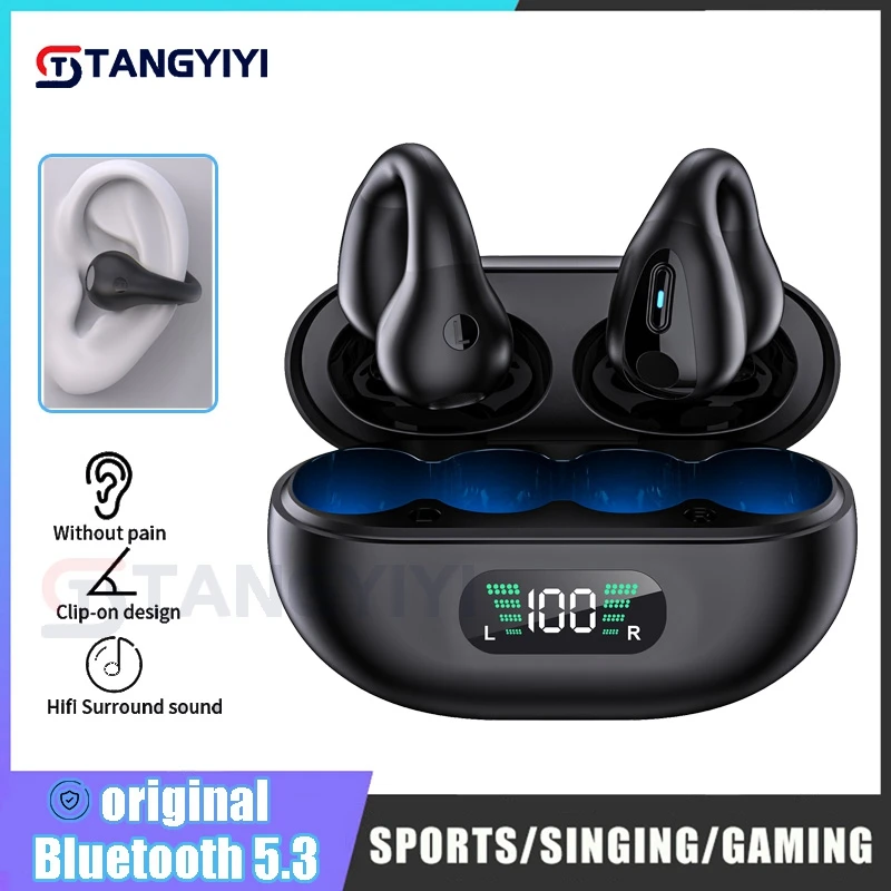 

New TWS Bluetooth 5.3 Headphones Fashion Ear Ring Clip-on Ture Wireless Earphones With Mic Sports Gaming HiFi Stereo Headset 1:1