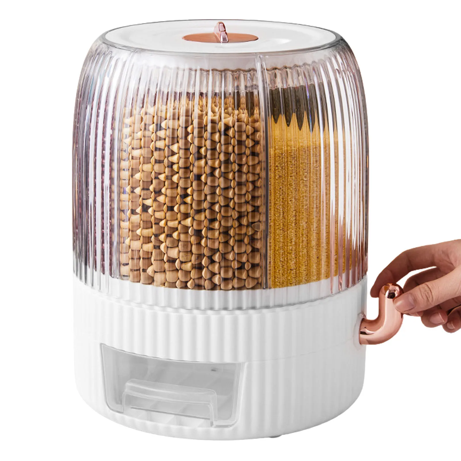 

10KG Grain Dispenser Rotatable Rice Cereal Bucket 6-Grid Dry Food Storage Container Good Sealing Moisture-Proof Rice Storage Box