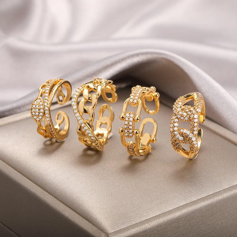

Luxury Zircon Cuban Chain Ring Hip-Hop Jewelry Gold Open Adjustable Finger Rings For Men Women Gifts Accessories