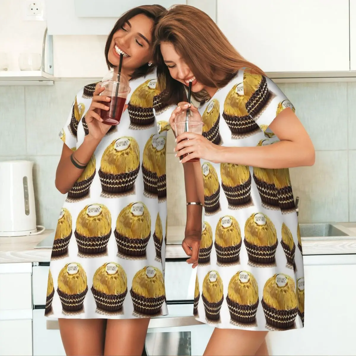 Фото Ночная рубашка с короткими рукавами Ferrero Rocher на заказ, женская ночная рубашка с короткими рукавами, мягкая пижамная рубашка №3