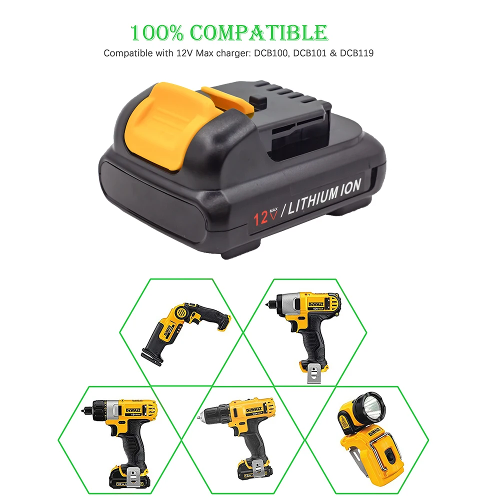 Фото Аккумулятор Dewalt 2 А ч, 12 В, литийионный, для аккумуляторов Dewalt DCB120, DCB123, DCB127, DCB122, DCB124, DCB121 №2