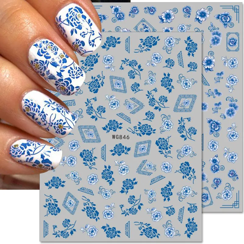 

3D наклейки для ногтей Celadon Китайская керамика дизайн ногтей Стикеры ретро Дракон синий цветок наклейки для ногтей аксессуары для ногтей
