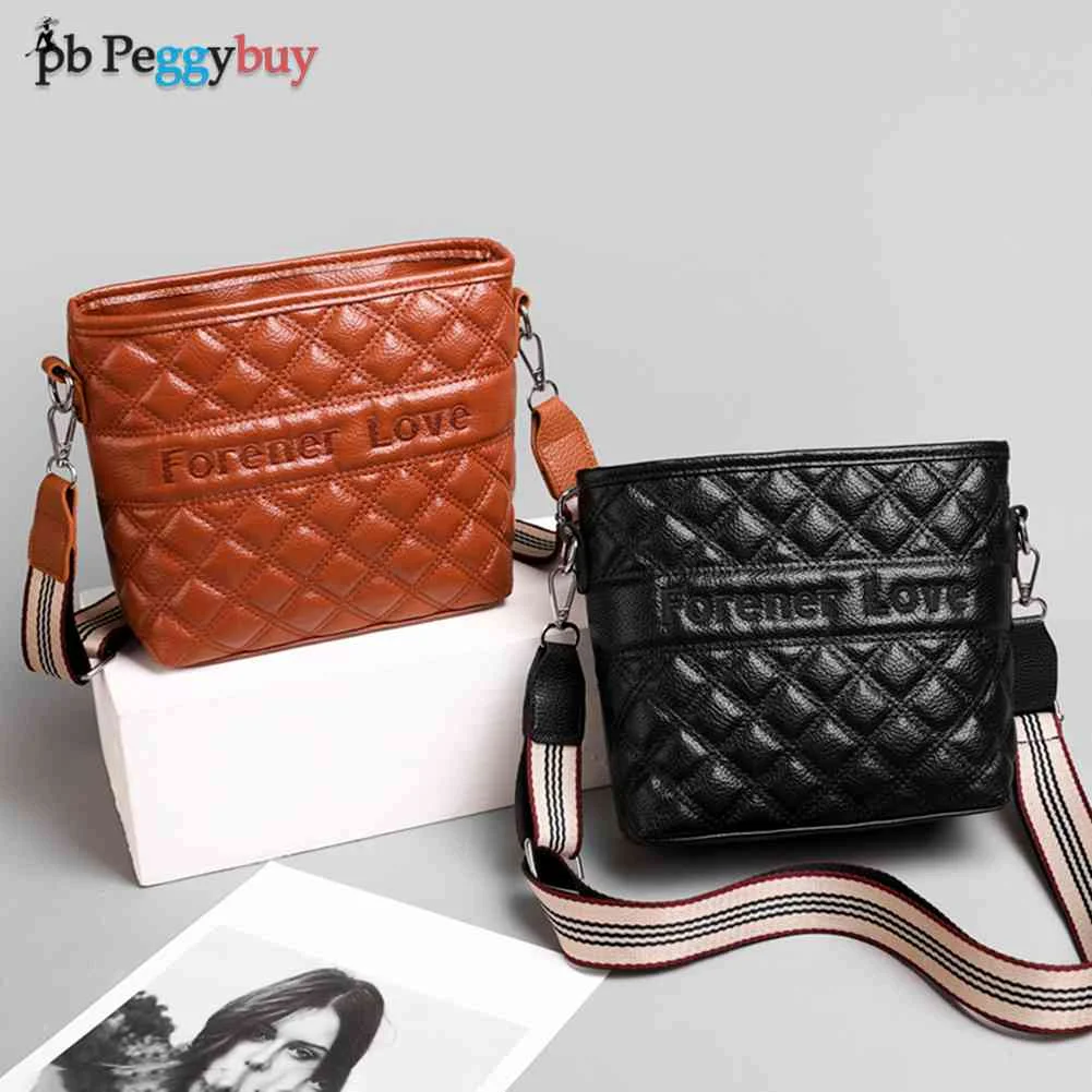

2022 Women Messenger Bags Large Capacity Rhombus Pattern Bucket Crossbody Bags Vintage PU Leather Wide Strap Shoulder Handbags