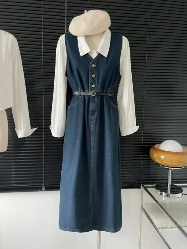 Женский офисный костюм из 2 предметов джинсовое платье с отложным воротником и