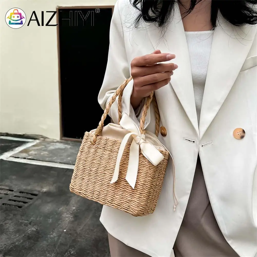 

Летняя Пляжная плетеная Портативная сумка ручной работы, женская Соломенная квадратная корзина, винтажная Сумка-тоут, клатч, женская модна...