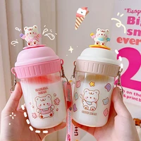 cute bear water bottle for girls kids kawaii plastic school juice milk tea shaker drinking bottle water cup with strap bpa free