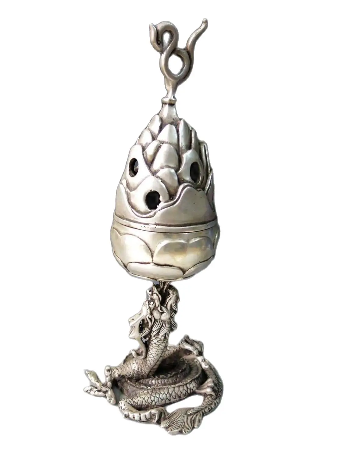 

32cm 13" China Silver carved Coiled Dragon censer Incense burner Sculpture Statue