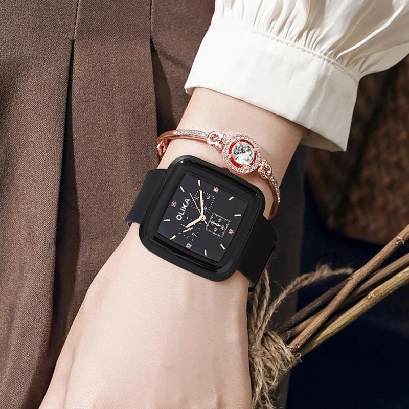 OLIKA Fashion Mens Watches Luxury Silicone Sport Square Couple Watch Quartz Date Clock Waterproof Wristwatch Reloj Mujer