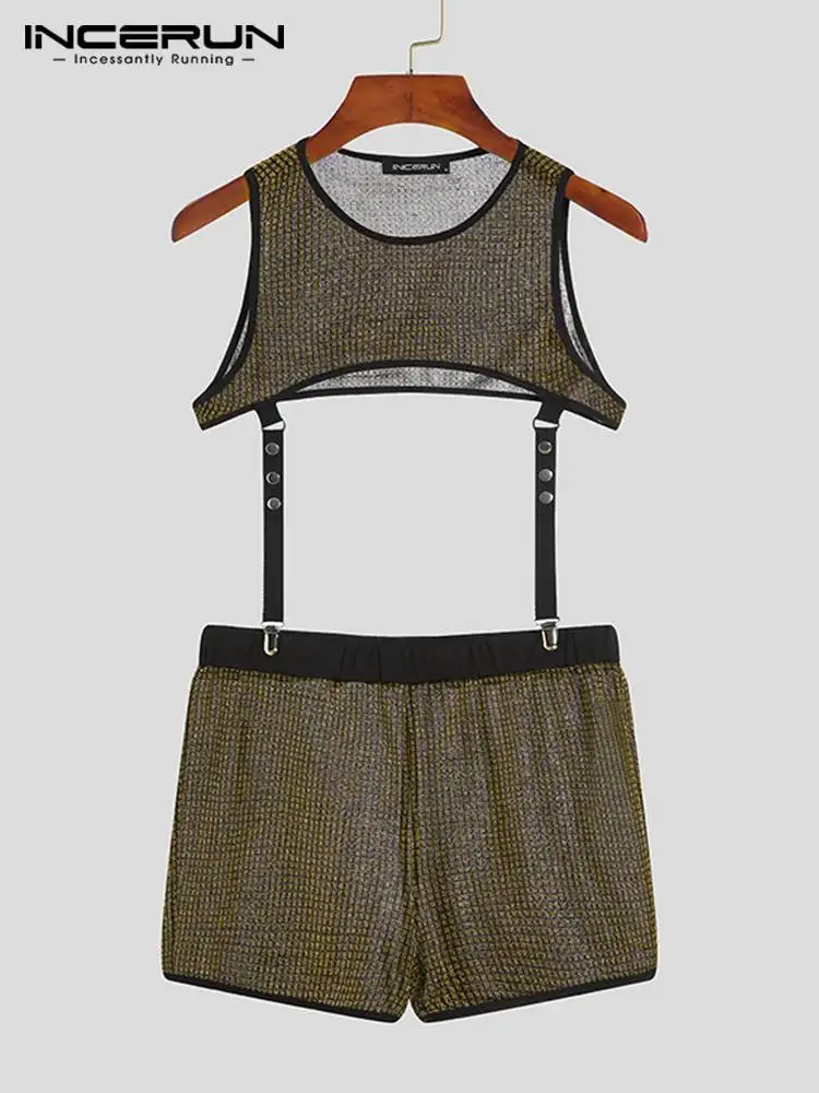 Fashion Casual Style New Men' Sets INCERUN Stylish Male Sexy Leisure Loungewear Reflective Two-piece Sleeveless Suits S-5XL 2022