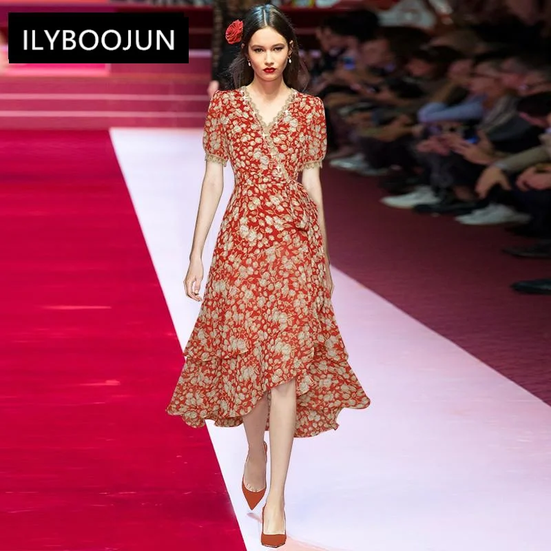 

Fashion Runway Summer Vintage Party Dress Women's Elegant V-neck Ruffles Short Sleeve Floral Print Chiffon Long Dress