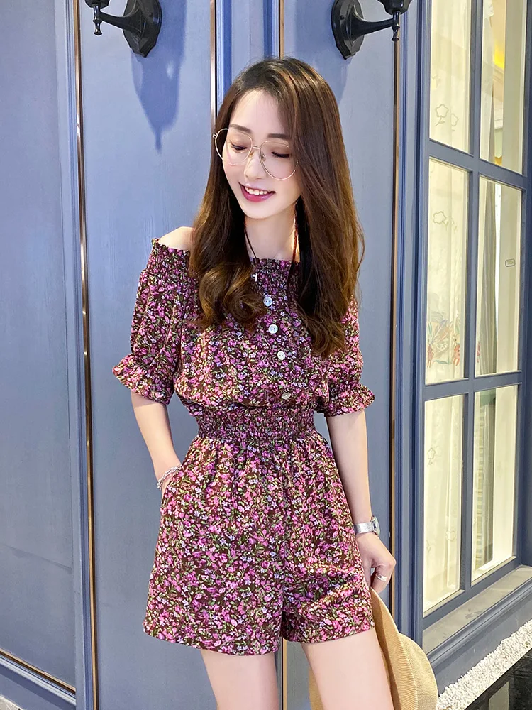 

Women 2022 Summer Off Shoulder Sexy Floral Print Jumpsuit Female Short Sleeve Wide Leg Shorts Playsuit Ladies Fashion Romper P33