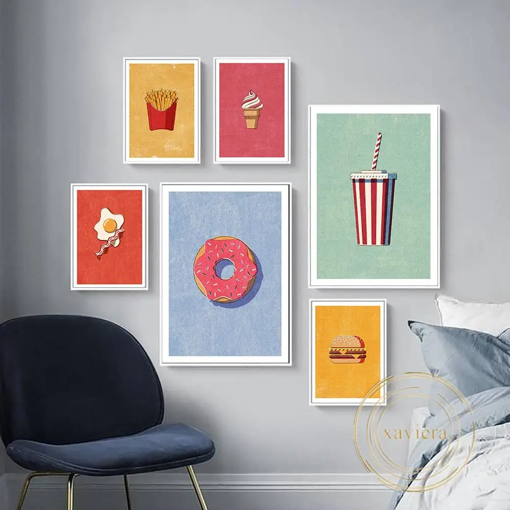 

Modern Fast Food Cartoon Poster Restaurant Wall Art Canvas Painting Donut Hot Dog Fries Gourmet Picture for Beverage Shop Decor