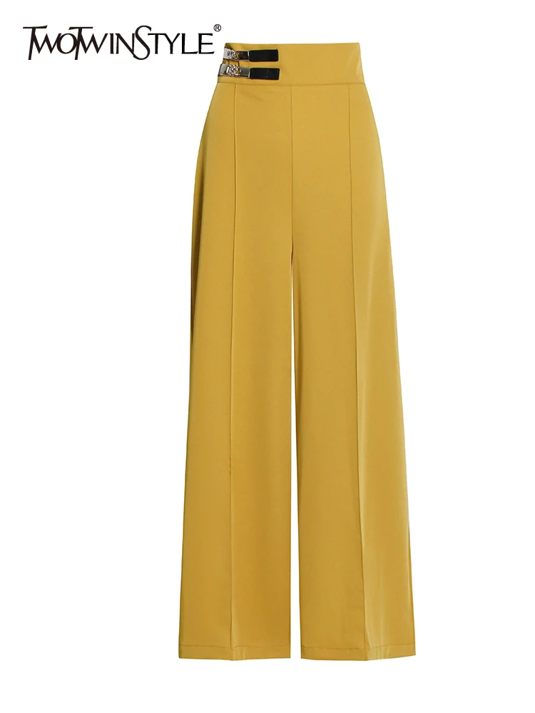 

TWOTWINSTYLE Casual Solid Loose Long Pants For Women High Waist Patchwork Buttons Wide Leg Trousers Female Fashion Spring Style