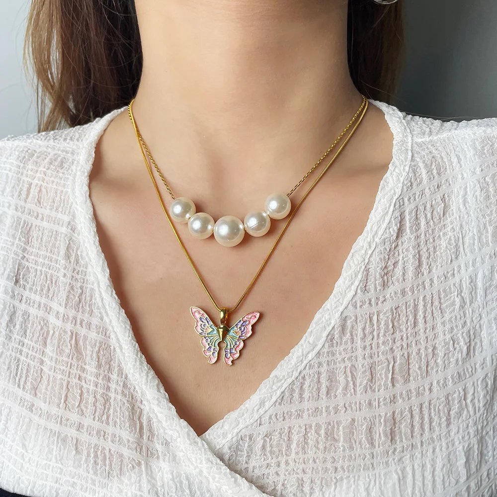 

2022 New Fashion Gold Chain Women Butterfly Pearl Necklace Double Choker Chains Jewelry Girl Fashion Butterflies Pendant Gift