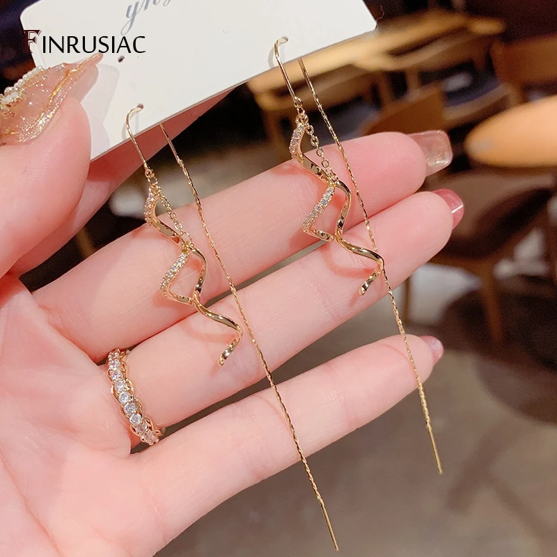Korean Designer Earrings For Woman,Zircon Spiral Tassel Ear Thread Long Earrings Female 14k Real Gold Plated Jewelry Gift