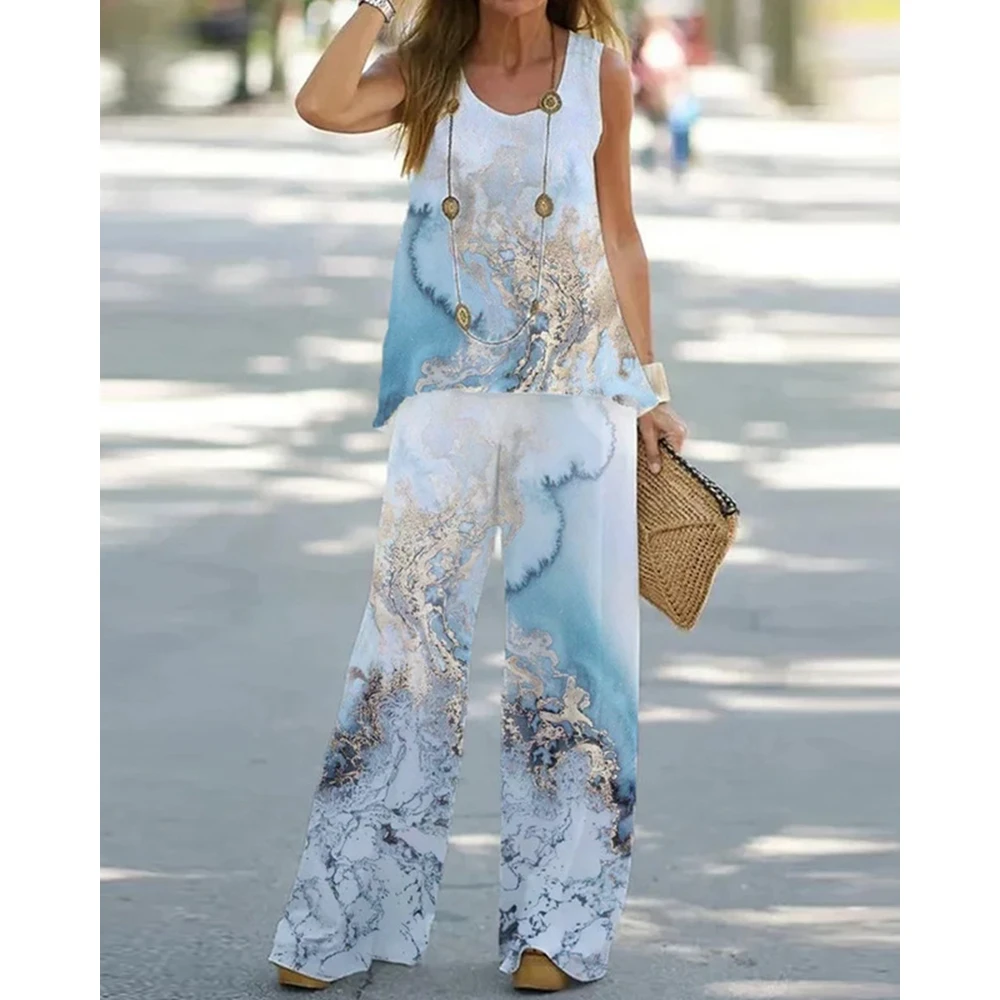 Summer Women Marble Print Round Neck Sleeveless Tank Top & Wide Leg Pants Set Causal Streetwear New In Suit 2023 y2k Clothes