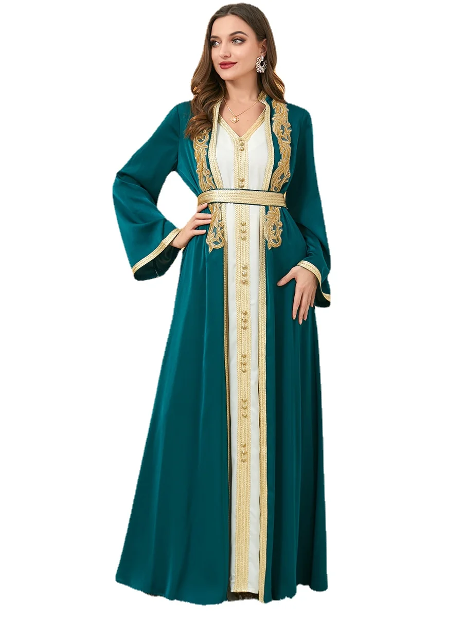

Women Jalabiya Dresses 3 pieces set Embroidery Dubai Luxury Arabic Party Elegant Muslim Evening Chiffon Open Green Abaya