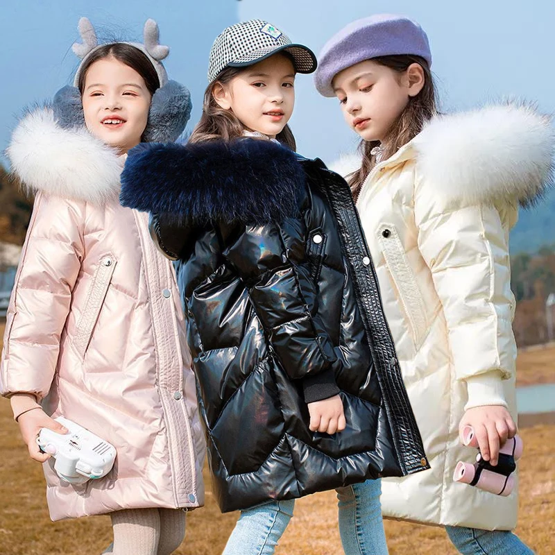 

Big Size Winter Girls Jacket Keep Warm Fur Collar Anti-stain Leave-in Hooded Outerwear For Girl Children Cold Protection Clothes