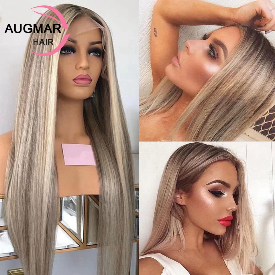 Фото Парик из натуральных волос 13x4 Ash Blonde, 30 дюймов, прямой парик с прозрачной коричневой мелировкой 13x6, парик с кружевной передней частью из натуральных волос №4