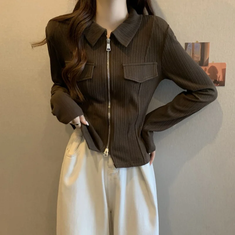 

Double Zipper Long Sleeve Shirts Slim Fit Solid Women Vintage Tops Turn Down Collar Y2k Short Camisa Mujer Casual Slight Strech