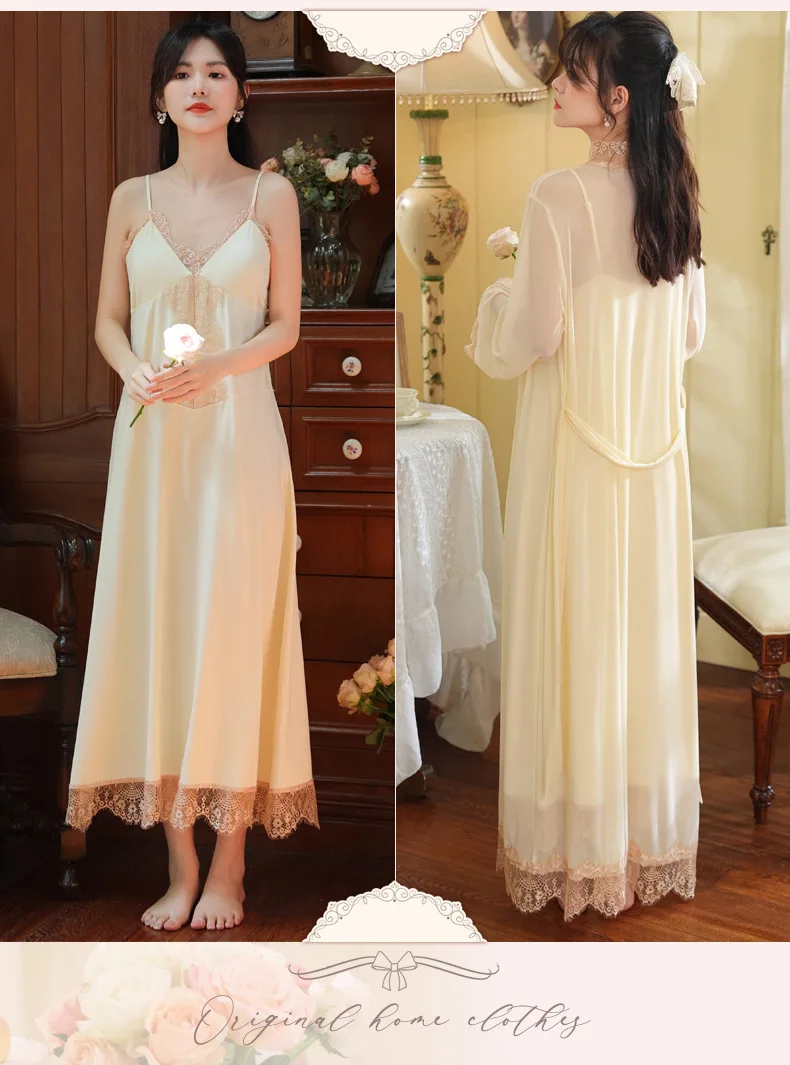 2023 Summer Long-sleeved Nightgown Women's Spring Chest Pad Sling Nightdress Cotton Palace Style Pajamas Home Service Suit