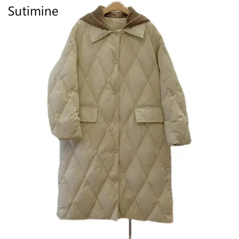 Winter Clothes Women Office Lady Button Detachable Knitted Cap Doll Collar Diamond Plaid Down Jacket Pockets Winter Coat Women
