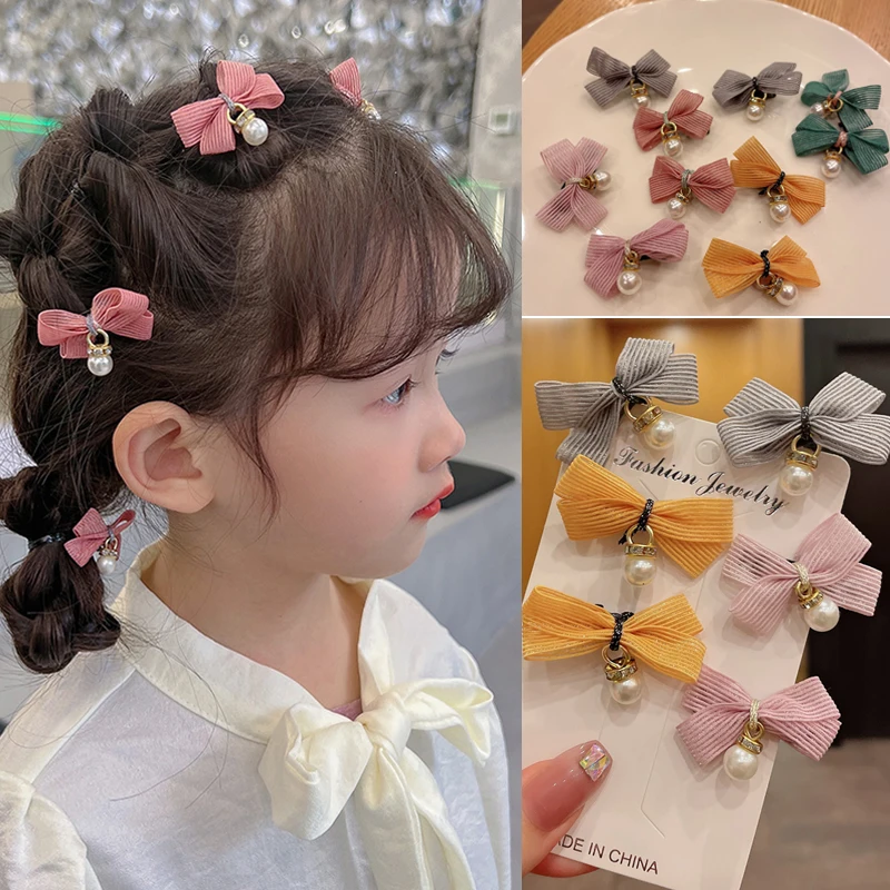 

2 Pairs of New Little Girl Hair Clip Bow Pearl Rhinestone Small Clip Bangs Clip Braided Hair Decoration Cute Wild Bang Clip
