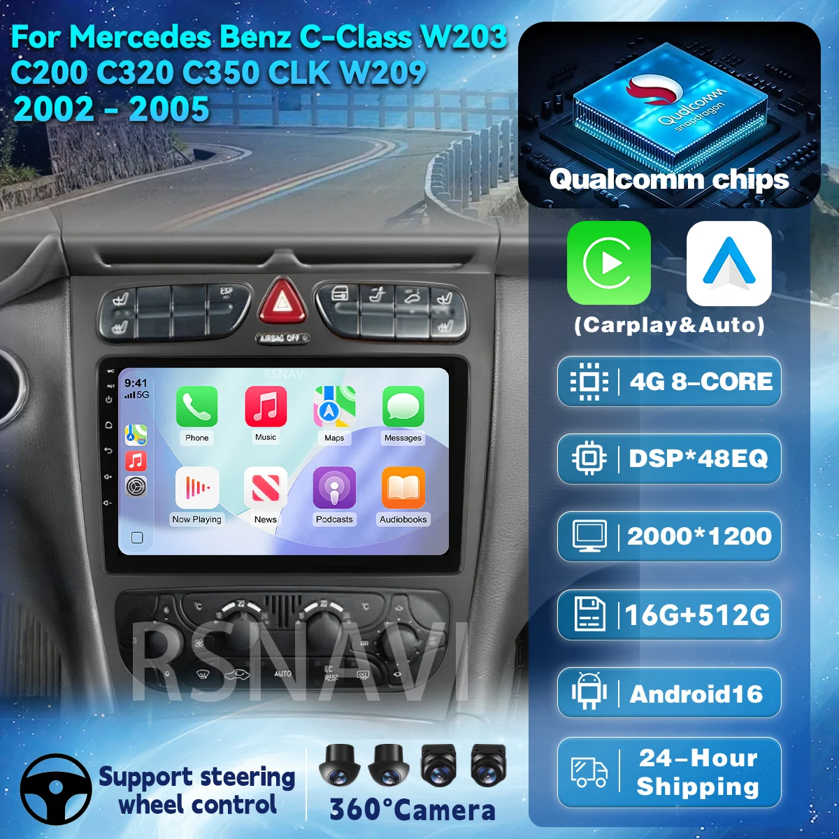 Фото Автомагнитола Android 16 для Mercedes Benz C-Class W203 C200 C320 C350 CLK W209 2002-2005 с GPS-навигацией и мультимедийным плеером №1
