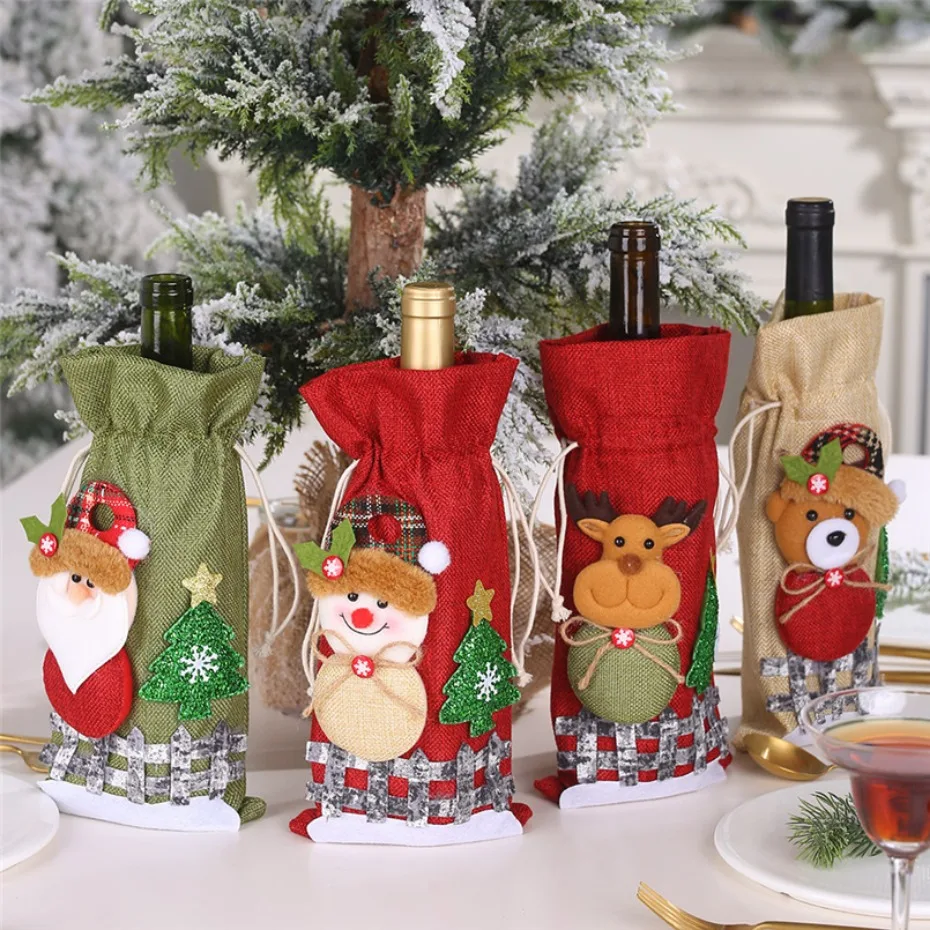 

Xmas Decoration Santa Claus Wine Bottle Covers Snowman Champagne Gifts Bags Linen Cloth Home Dinner Party Table Christmas Decors