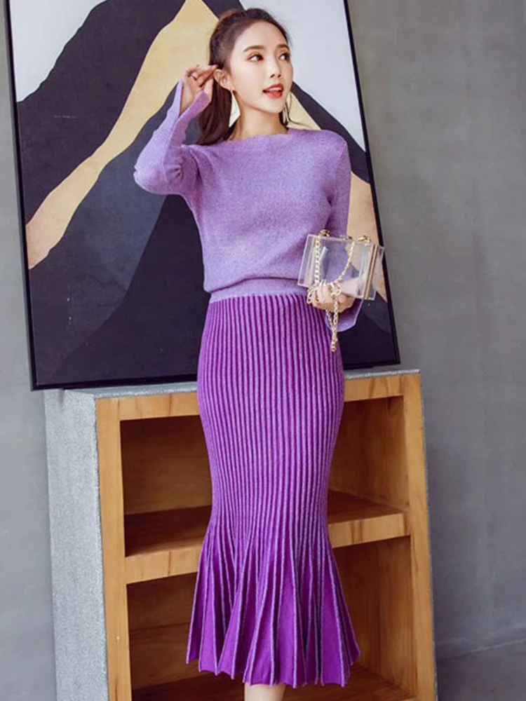 

Sweater 2 Piece Outfit Elegant Women Temperament Simple Tops Shirt Blouse Stretchy Folds Midi Skirt Mujer Slim Set Spring Winter