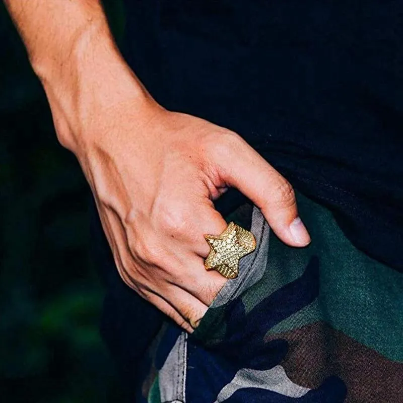 

Five Star Rings Hip Hop Rock Rhinestones Zircon Gold Silver Color Pentagram Rings New Men Luxury