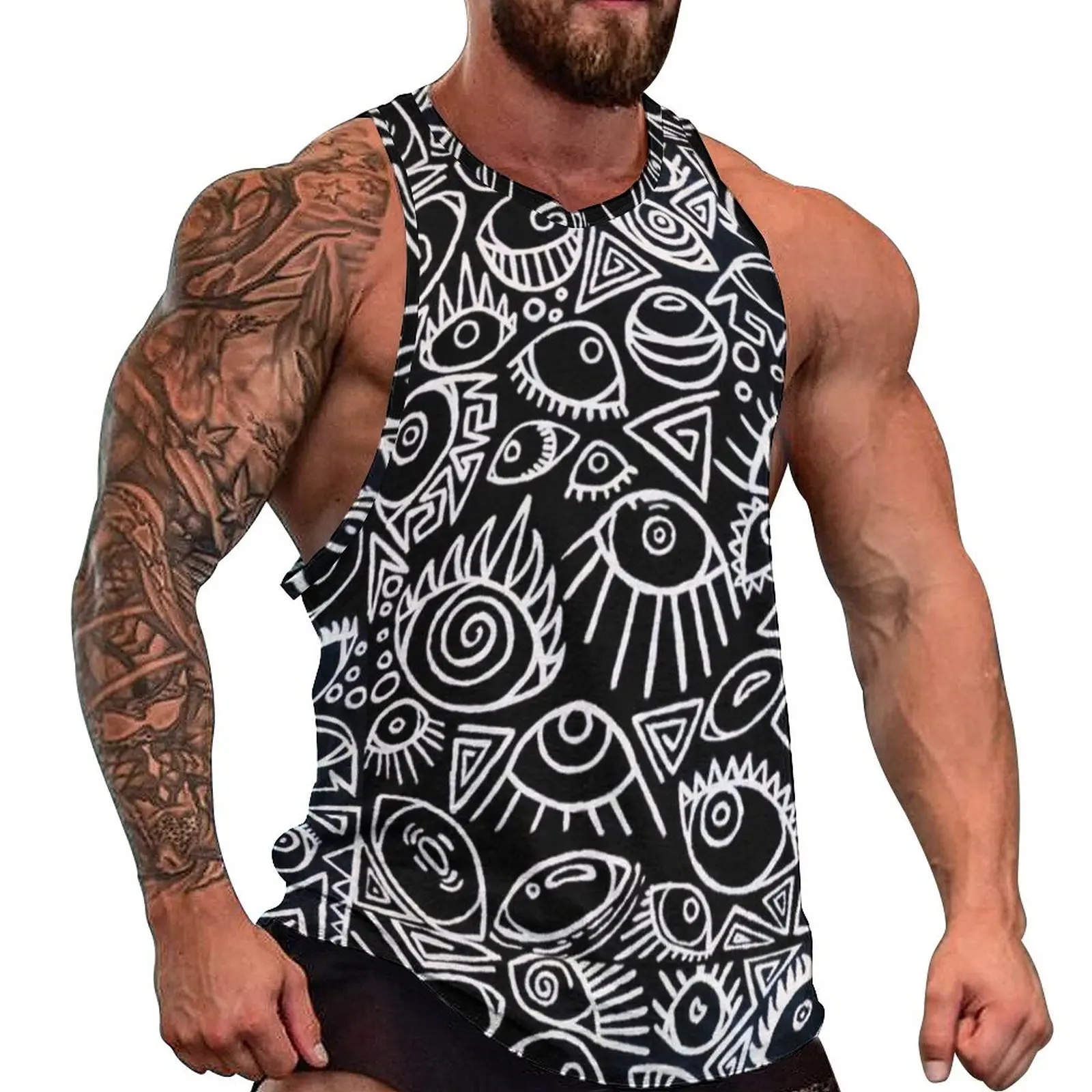 

Black And White Eyes Daily Tank Top Busy Vision Geometric Aesthetic Training Tops Males Print Fashion Sleeveless Vests 4XL 5XL
