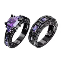 milangirl 2 pcsset healing crystal rhinestone rings black color purple crystal druzy metal rings set for women finger jewelry