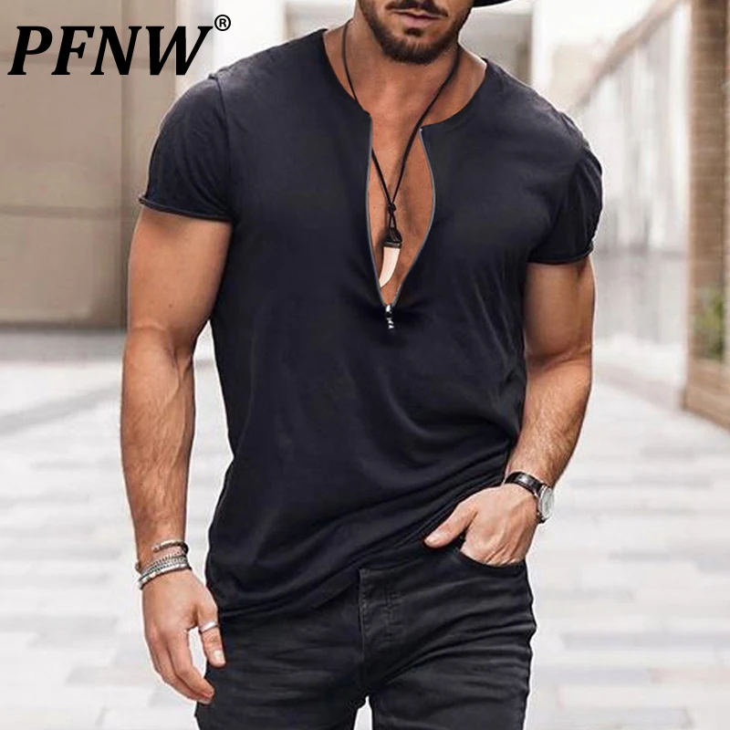 

PFNW Summer Men's Tide Zippers Breathable T-shirt Fashion Outdoor Motorcycle Tops Leisure Personality Solid Color Tees 12A9491
