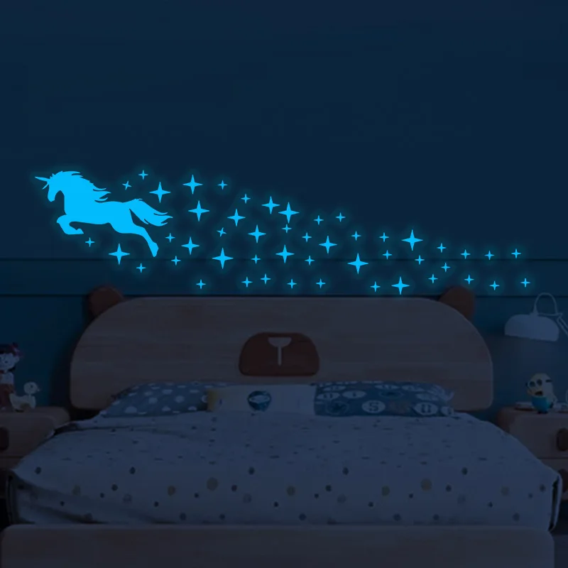 

Luminous Blue Unicorn Wall Stickers Kids Rooms Home Decoration Ceiling Fluorescent Wall Decals Stars Glow In The Dark Stickers