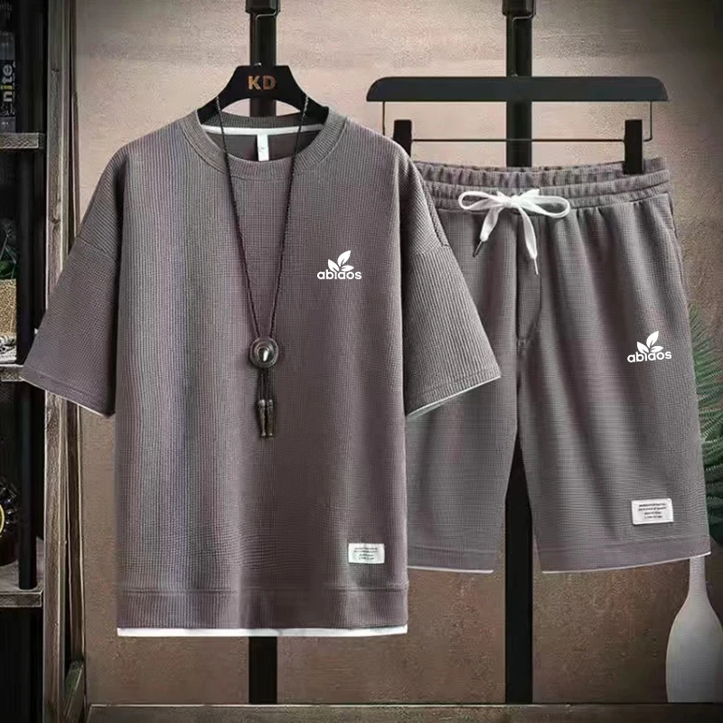 Abiaos-Camiseta y pantalones cortos estampados para hombre, traje informal de dos piezas, transpirable, absorbente de sudor, man