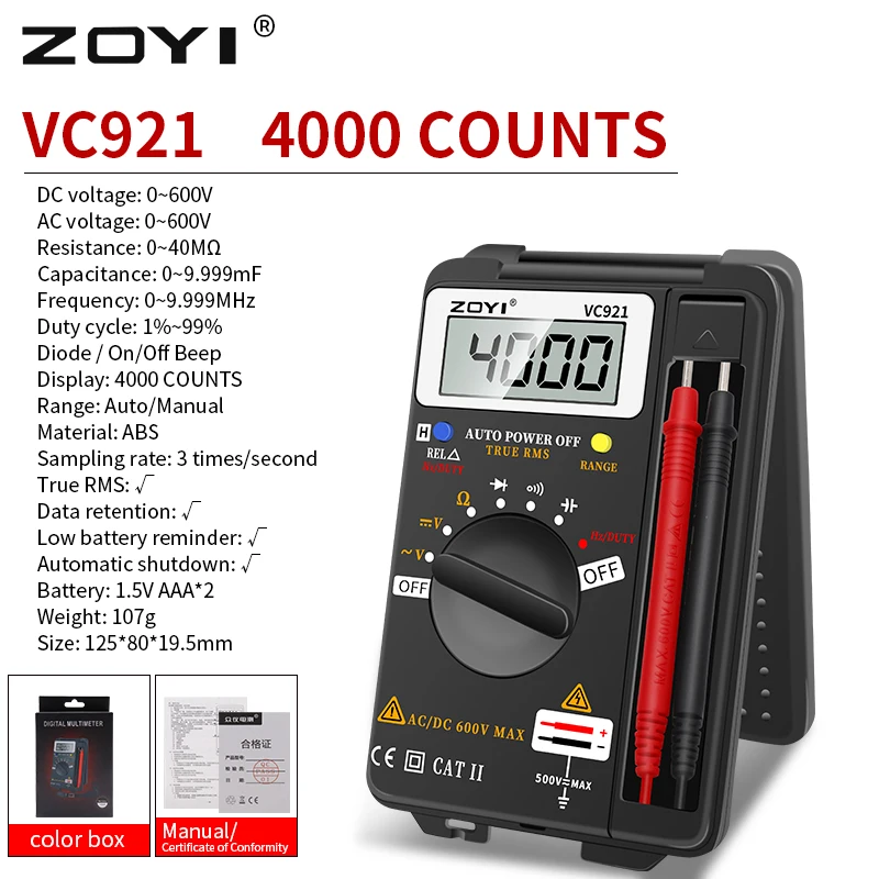 

ZOYI VC921 Pocket Style Digital Multimeter 4000 Counts T-RMS Auto Range EBTN DC AC Voltmeter Ammeter Capacitor Ohm Hz NCV Tester