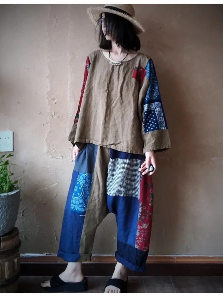 Брюки-султанки женские хлопково-льняные в стиле пэчворк свободные винтажные