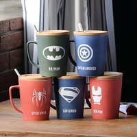 pure color super hero avenger symbol china ceramic coffee milk mugs with wood lid and ceramic spoon handel cup