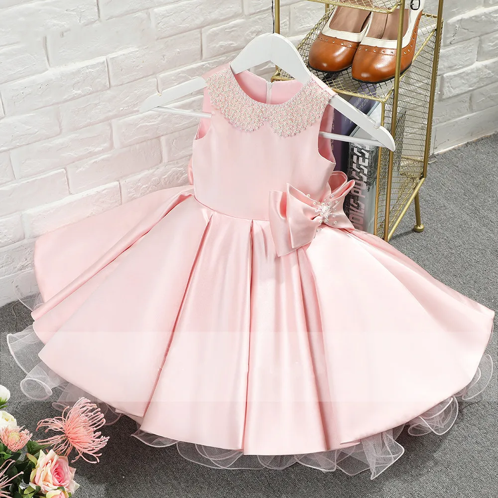 

Pink Satin Baby Girl Party Dresses Child Baptism Dress Puffy Flower Girl Dress Kid Girl First Birthday Dress