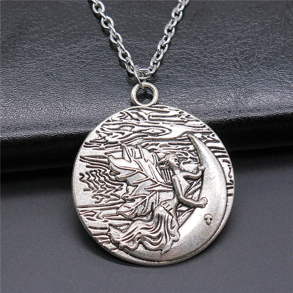 Цепочка с кулоном в виде Луны и ангела для мужчин и женщин, винтажное ожерелье серебряного цвета под старину, длинная цепь, трендовая бижутерия, аксессуары