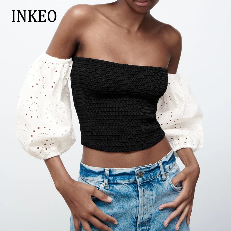 

Модный женский контрастный трикотажный топ, пикантный свитер, облегающие кружевные лоскутные майки в Корейском стиле с пышными рукавами, ж...