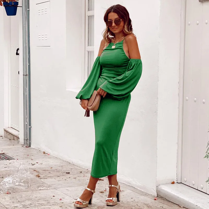 

Пикантное зеленое вечернее платье с открытыми плечами для женщин, весна-осень 2022, офисное женское деловое облегающее платье, модное элегант...